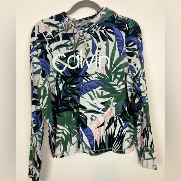 Calvin Klein Hoodie w/Pink Parrots & Leaf print, slouchy lightweight - Picture 1 of 12